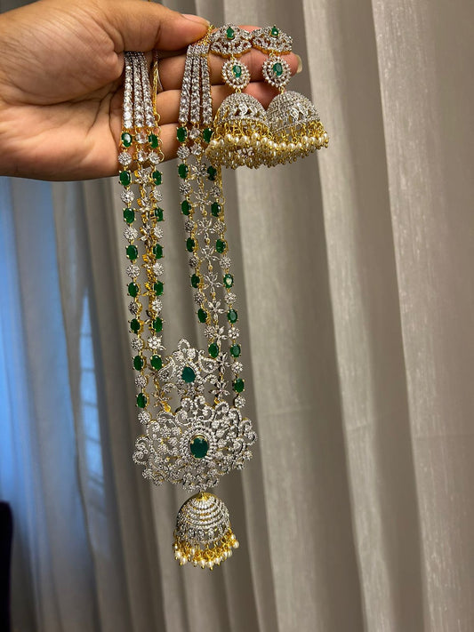 southindian jewellery set•High quality lines diamond  grand heavy set with screw back long grand earring•trending haram