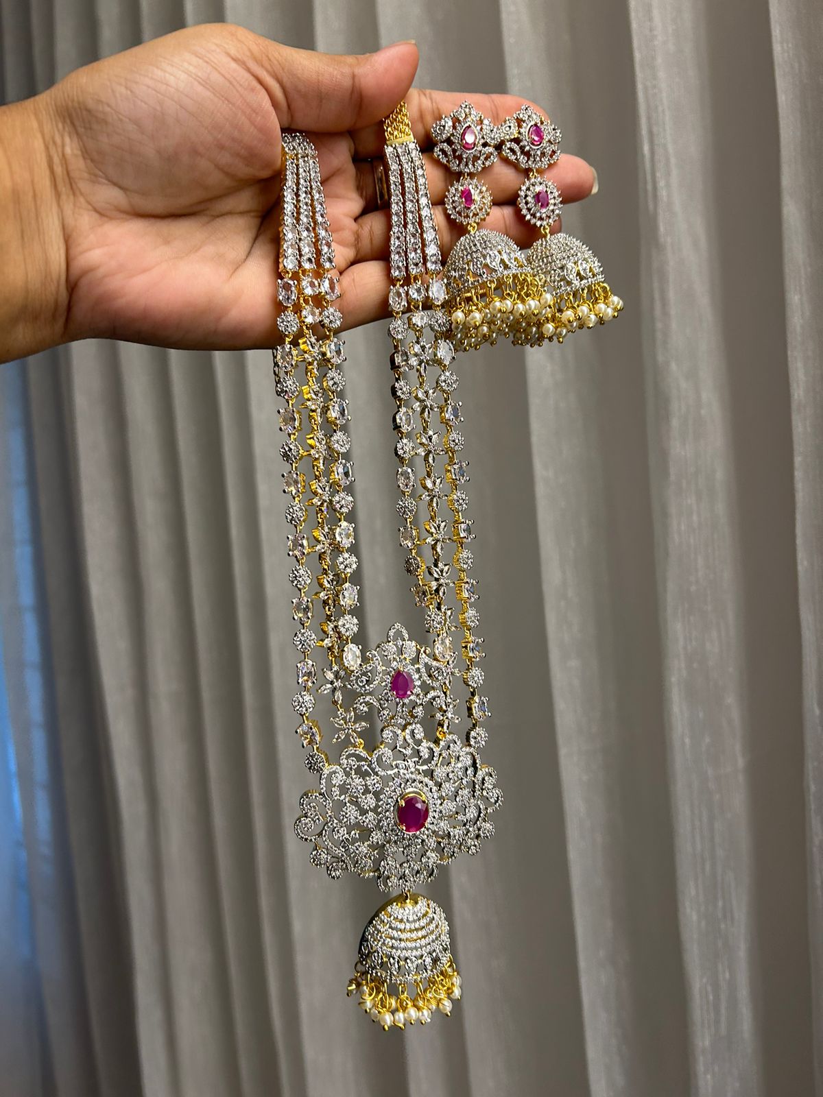 southindian jewellery set•High quality lines diamond grand heavy set with screw back long grand earring•trending haram