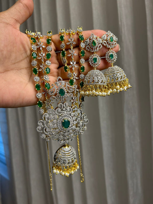 southindian jewellery set•High quality lines diamond  grand heavy set with screw back long grand earring•trending haram