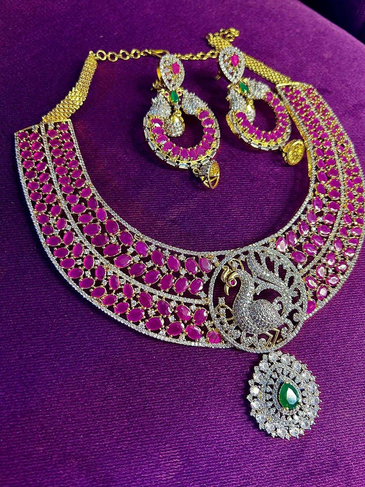 High Quality Super Luxury  choker set with Earrings jewelry set ,southindain Diamond Necklace