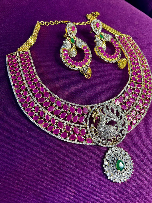 High Quality Super Luxury  choker set with Earrings jewelry set ,southindain Diamond Necklace