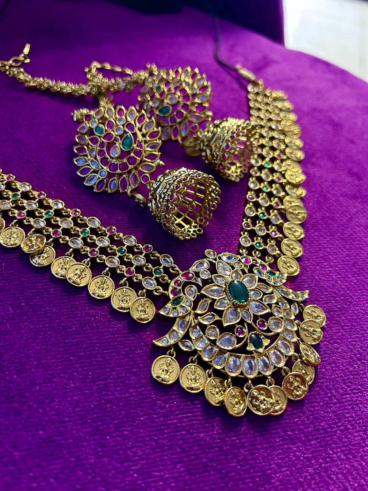 Radiant Real Ruby and Emerald Laxmi Kasulu Set with Elegant Long Maati Jhumkas – Unveil Your Timeless Beauty