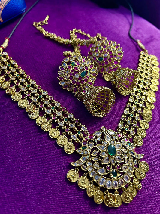 Radiant Real Ruby and Emerald Laxmi Kasulu Set with Elegant Long Maati Jhumkas – Unveil Your Timeless Beauty