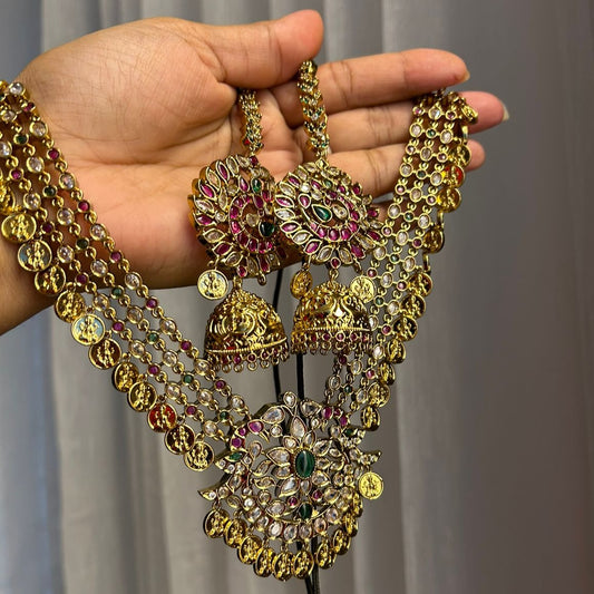 Radiant Real Ruby and Emerald Laxmi Kasulu Set with Elegant Long Maati Jhumkas – Unveil Your Timeless Beauty