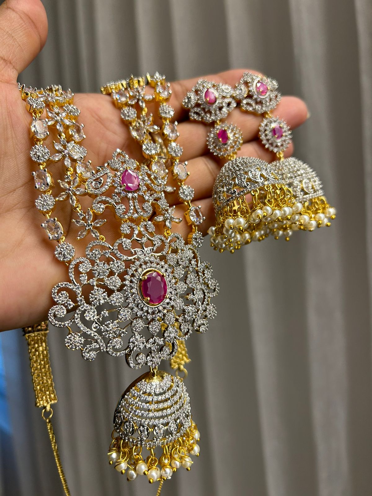 southindian jewellery set•High quality lines diamond  grand heavy set with screw back long grand earring•trending haram