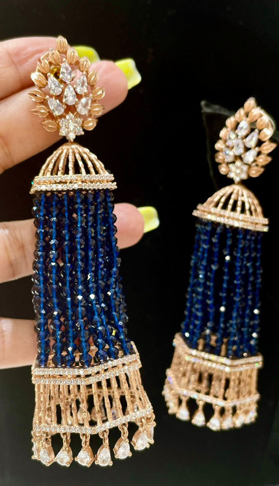 Rose Gold Matte Finish Earrings with Real Onyx Beads and 360° Revolving AD Jhumka