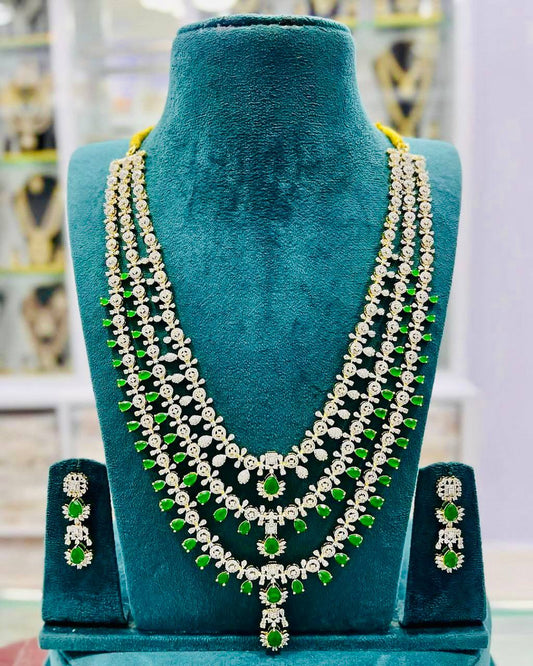 Premium Replica AD CZ 3-Layer Long Necklace Set with Matching Earrings β Elegant Jewelry Set