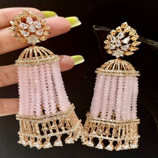 Rose Gold Matte Finish Earrings with Real Onyx Beads and 360° Revolving AD Jhumka