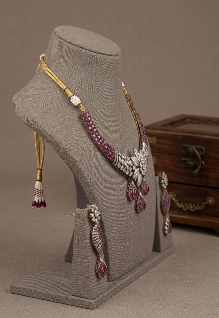 Pink CZ Bridal Necklace Set, Floral Statement Wedding Jewelry, Luxury Kundan Style Necklace with Earrings, Bridesmaid Gift, Elegant Jewelry for Women