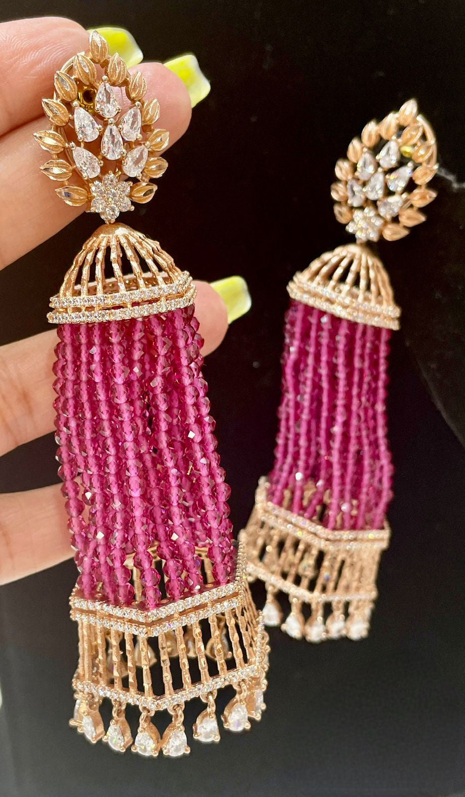 Rose Gold Matte Finish Earrings with Real Onyx Beads and 360° Revolving AD Jhumka