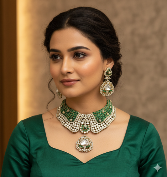 Premium Quality Moissanite Kundan Choker Set with Earrings | Bridal Jewellery Set