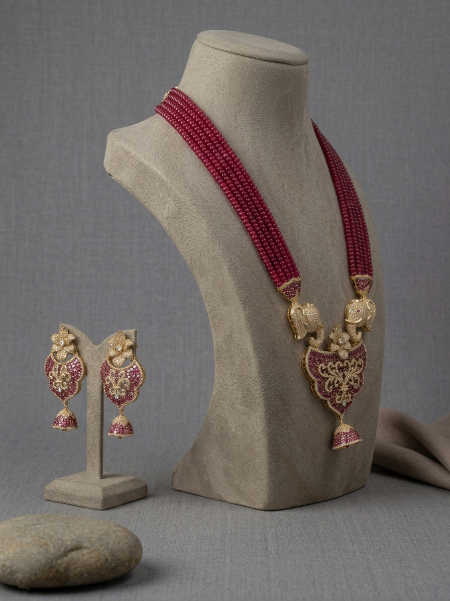 Elephant Motif Ruby Beaded Necklace Set, Temple Jewelry Set, Indian Bridal Jewelry, Red Beads Statement Necklace with Earrings, Festive Wedding Gift for Her