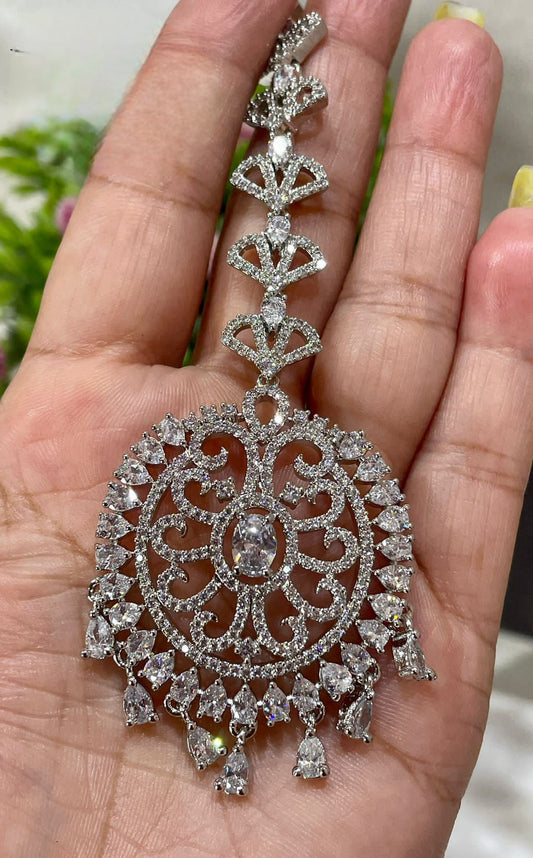 American Diamond Rhodium Plated Maangtikka