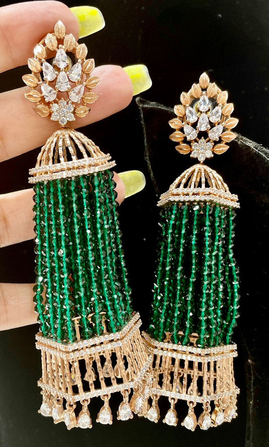 Rose Gold Matte Finish Earrings with Real Onyx Beads and 360° Revolving AD Jhumka
