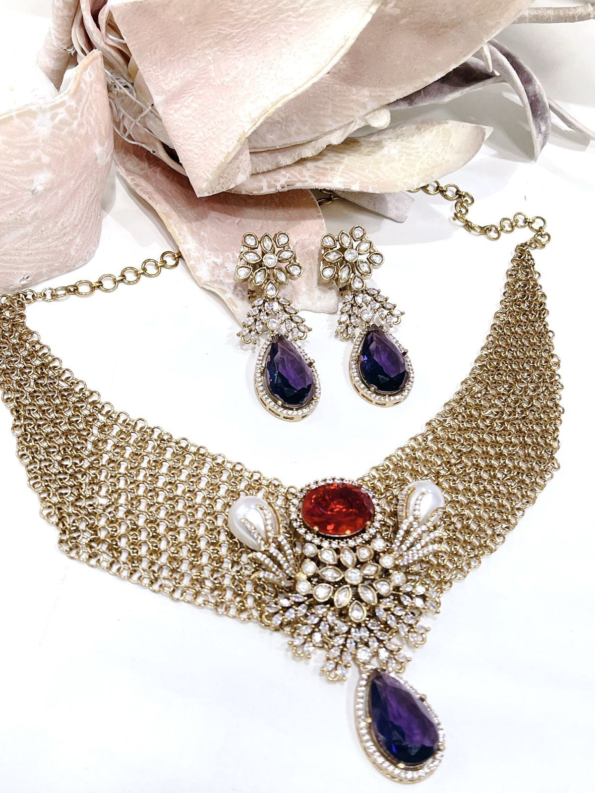 Vintage Gold Statement Necklace Set, Purple Drop CZ Jewelry Set, Bridal Choker with Earrings, Antique Style Wedding Jewelry Gift for Her