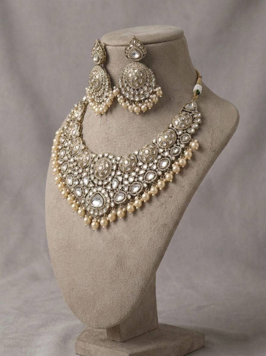 Royal Vintage Kundan Pearl Bridal Necklace Set – Statement Polki Choker with Earrings, Traditional Indian Wedding Jewelry, Heirloom Style Gift