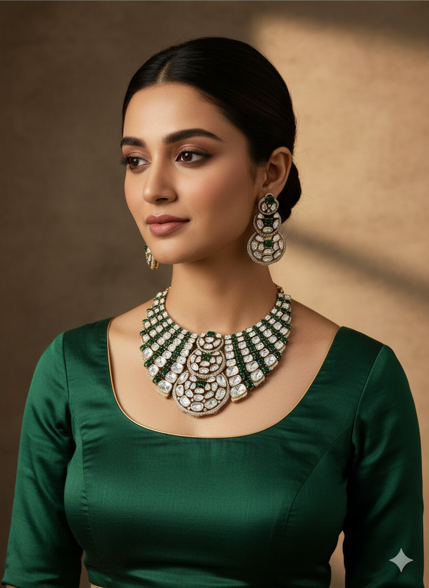 Luxury Moissanite Kundan & AD Choker Set with Earrings & Maangtikka | Premium Bridal & Party Wear Jewellery