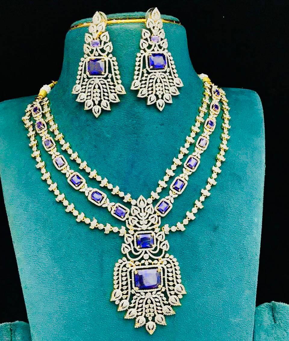 Premium Replica AD CZ 3-Layer Long Necklace Set with Matching Earrings
