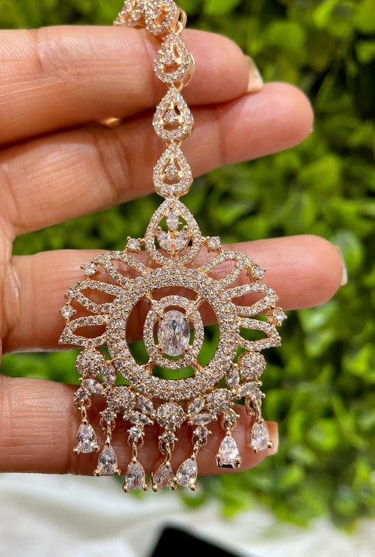 Radiant Rose Gold Maangtikka Adorned with American Diamonds