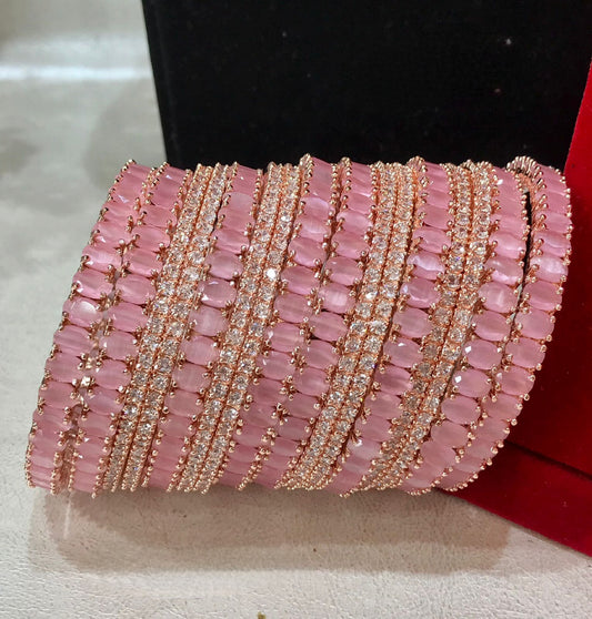 Radiant Set of 16 American Diamond Bangles in Mint Green and Baby Pink Elegance