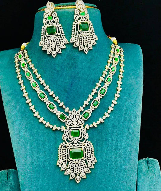 Premium Replica AD CZ 3-Layer Long Necklace Set with Matching Earrings