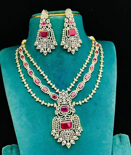 Premium Replica AD CZ 3-Layer Long Necklace Set with Matching Earrings