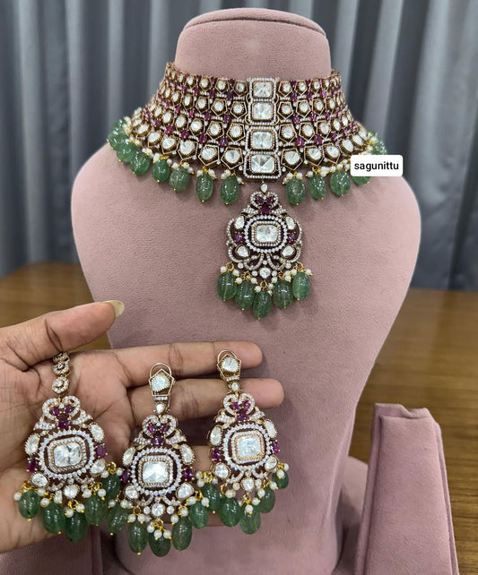 Premium Quality Moissanite Kundan Choker Set with Earrings & Maangtikka | Bridal Jewellery Set