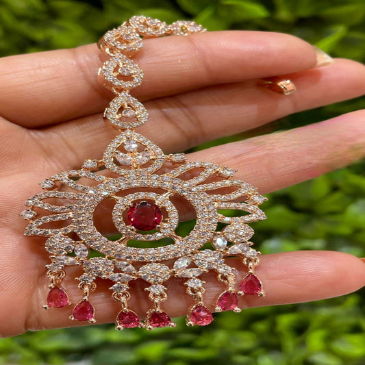 Radiant Rose Gold Maangtikka Adorned with American Diamonds