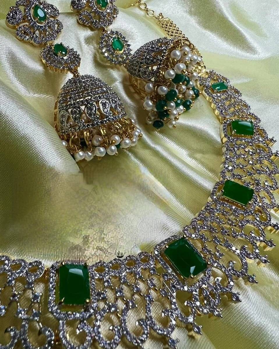 Handcrafted Diamond, Emerald, and Ruby Choker Set with Exquisite Jhumka Earrings