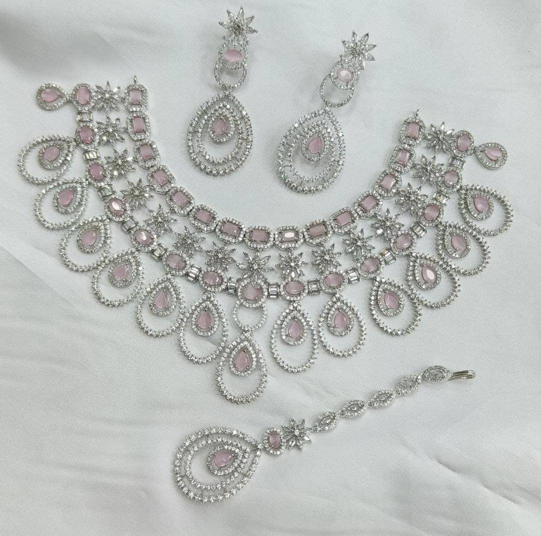 Timeless Elegance: Beautiful American Diamond Necklace, Earring, and Maangtikka Set