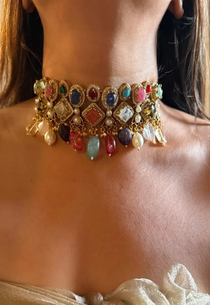 Luxury Multi Gemstone Statement Choker Necklace Set, Navratna Inspired Wedding Jewelry