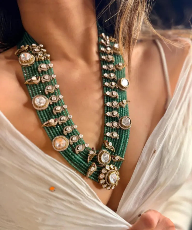 Green Beaded Kundan Rani Haar Set | Long Bridal Necklace with Earrings | Royal Indian Festive Necklace Set