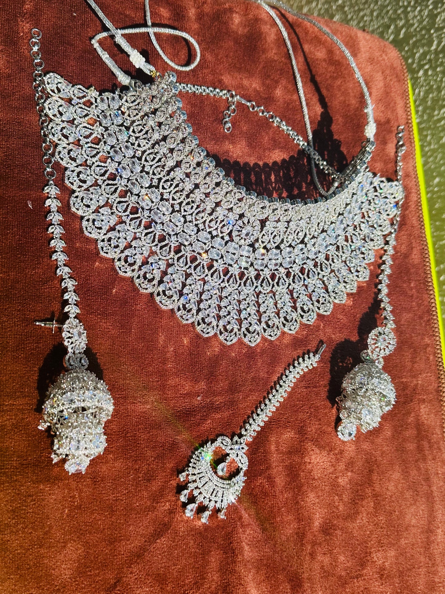 Radiant Elegance: American Diamond Silver Choker Set with Jhumka and Maangtikka - Exquisite Bridal Jewelry Ensemble