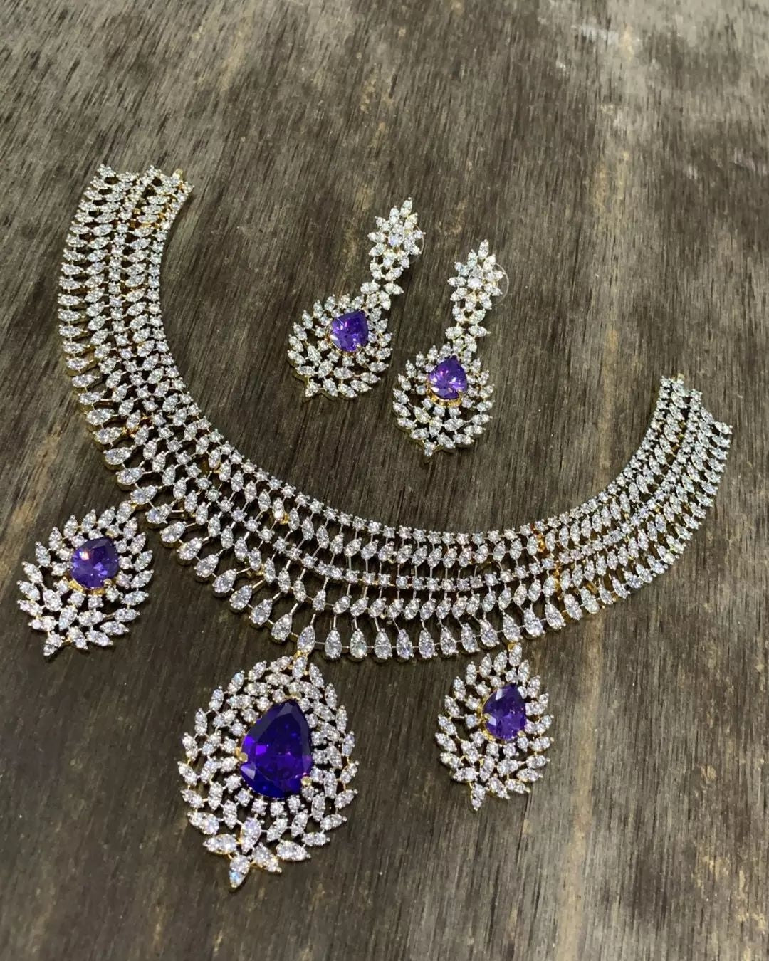 American diamond charming long two layer set with earring set •cubic zirconia cz •american diamond•indian jewellery•cz jewellery