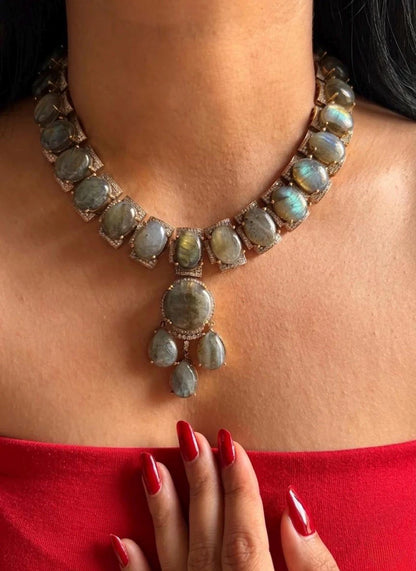 Natural Labradorite Statement Necklace Set with Matching Earrings | Handmade Gemstone Jewelry | Vintage Style Bridal Necklace | Gift for Her | Boho Luxury Jewelry