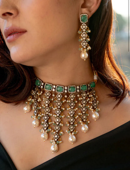Kundan Polki Choker Necklace Set | Pearl Bridal Wedding Jewelry, Earrings