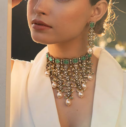 Kundan Polki Choker Necklace Set | Pearl Bridal Wedding Jewelry, Earrings