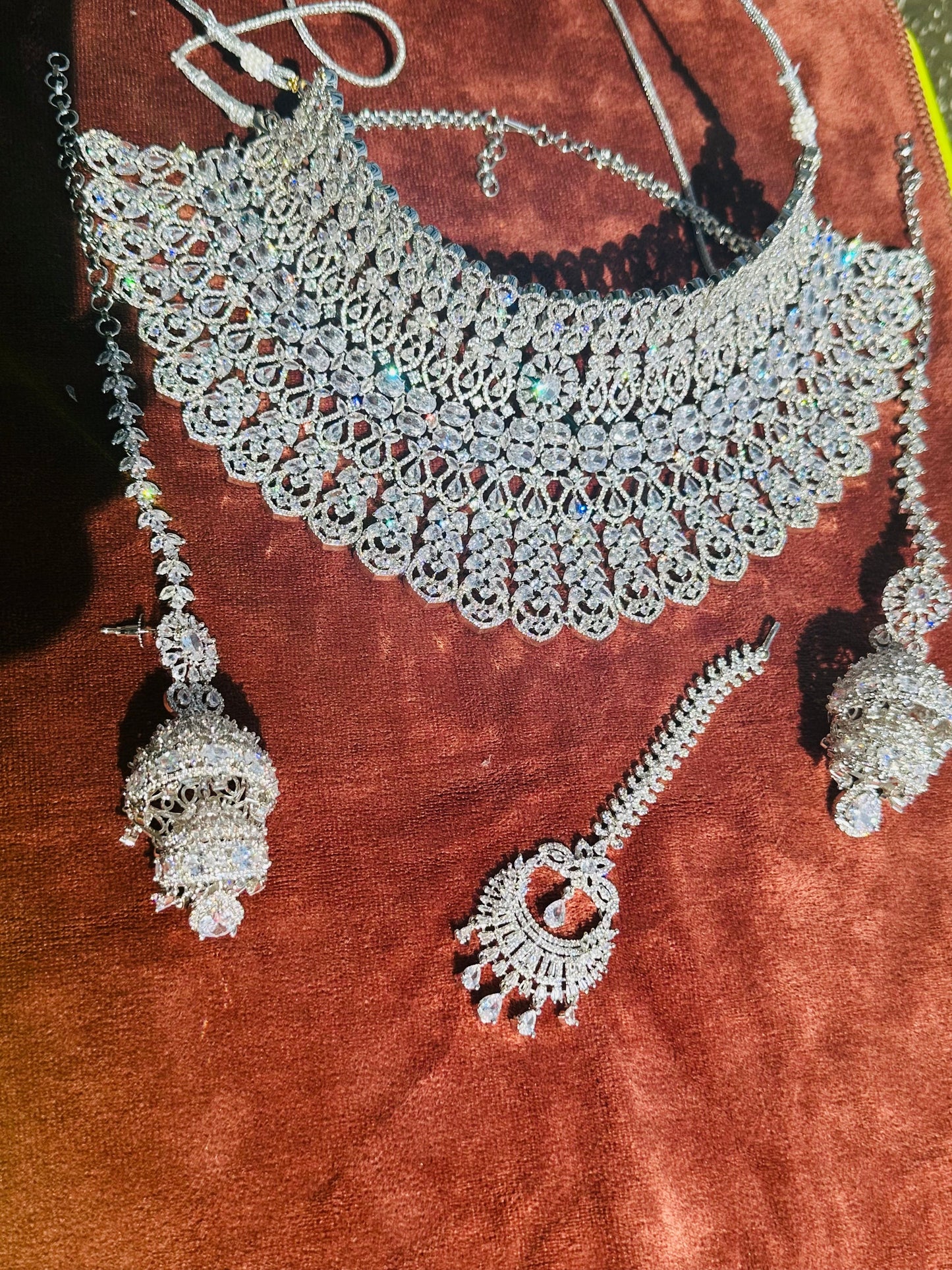 Radiant Elegance: American Diamond Silver Choker Set with Jhumka and Maangtikka - Exquisite Bridal Jewelry Ensemble