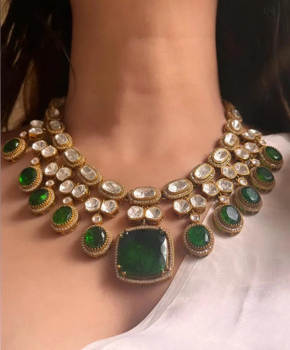 Kundan Polki Necklace Set with Statement Earrings, Bridal Indian Jewelry, Royal Wedding Necklace
