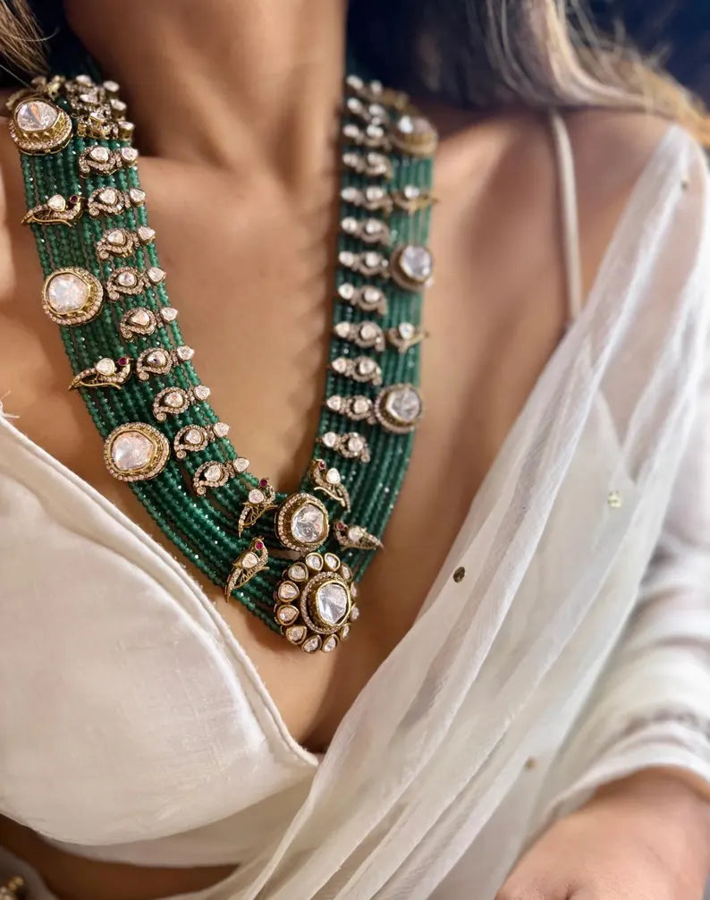 Green Beaded Kundan Rani Haar Set | Long Bridal Necklace with Earrings | Royal Indian Festive Necklace Set