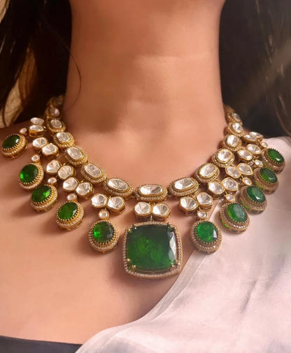 Kundan Polki Necklace Set with Statement Earrings, Bridal Indian Jewelry, Royal Wedding Necklace