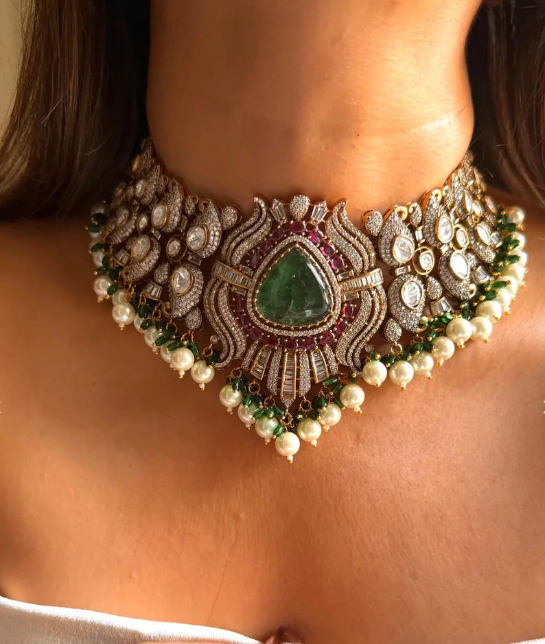 Luxury Kundan Polki Choker Necklace Set with Matching Earrings, Bridal Statement Jewelry, Traditional Wedding Jewelry,