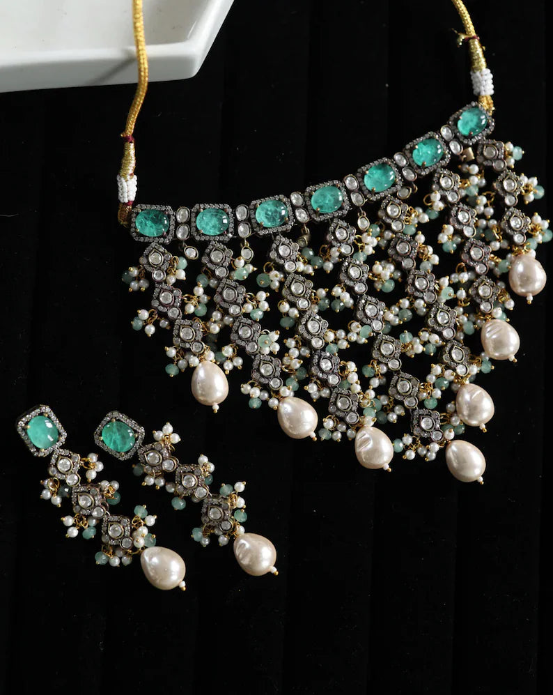 Kundan Polki Choker Necklace Set | Pearl Bridal Wedding Jewelry, Earrings