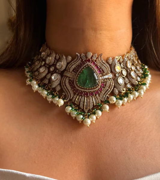 Luxury Kundan Polki Choker Necklace Set with Matching Earrings, Bridal Statement Jewelry, Traditional Wedding Jewelry,