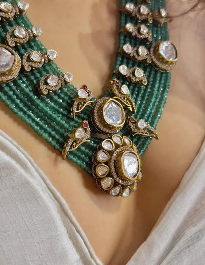 Green Beaded Kundan Rani Haar Set | Long Bridal Necklace with Earrings | Royal Indian Festive Necklace Set