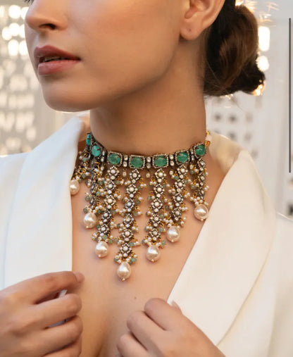 Kundan Polki Choker Necklace Set | Pearl Bridal Wedding Jewelry, Earrings