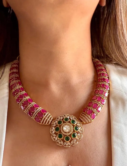 Ruby Emerald CZ Statement Necklace Set, Designer Bridal Necklace with Stud Earrings, Indian Wedding Jewelry