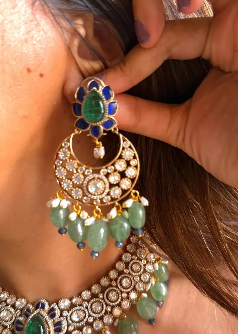 Luxury Kundan Polki Choker Necklace Set with Statement Earrings, Bridal CZ Necklace, Handmade Indian Wedding Jewelry, Festive Party Wear Gift