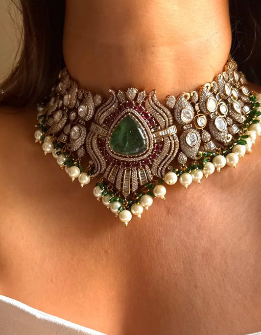 Luxury Kundan Polki Choker Necklace Set with Matching Earrings, Bridal Statement Jewelry, Traditional Wedding Jewelry,