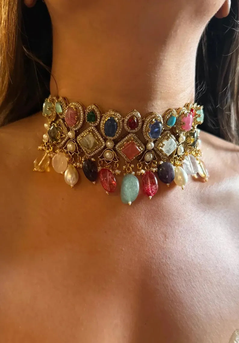 Luxury Multi Gemstone Statement Choker Necklace Set, Navratna Inspired Wedding Jewelry